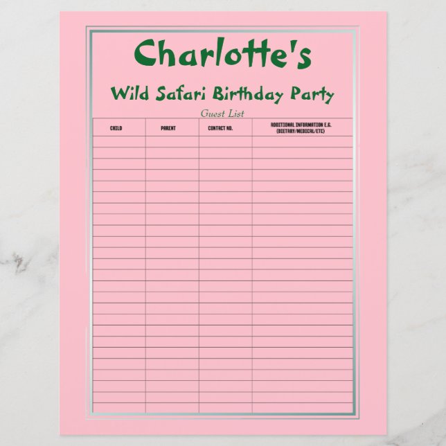 Wild Safari Birthday Party Liste d'invités (Devant)