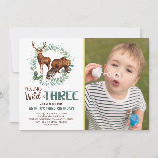 Wild Three Woodland Animaux Invitation Anniversair (Devant)