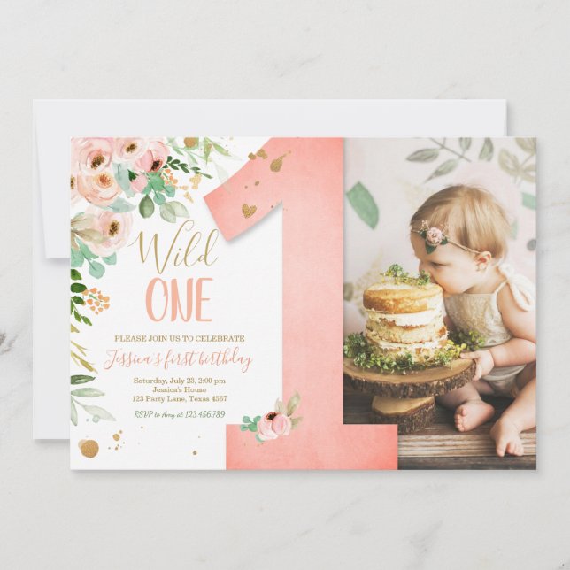 Wild Un 1er anniversaire Invitation Floral Rose Go (Devant)
