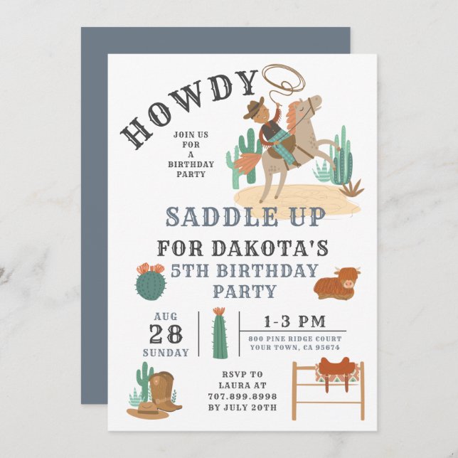 Wild West Cowboy Boy Invitation 5e anniversaire (Devant / Derrière)