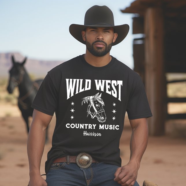 Wild West Horse Country Music Black White T-shirt (Créateur téléchargé)