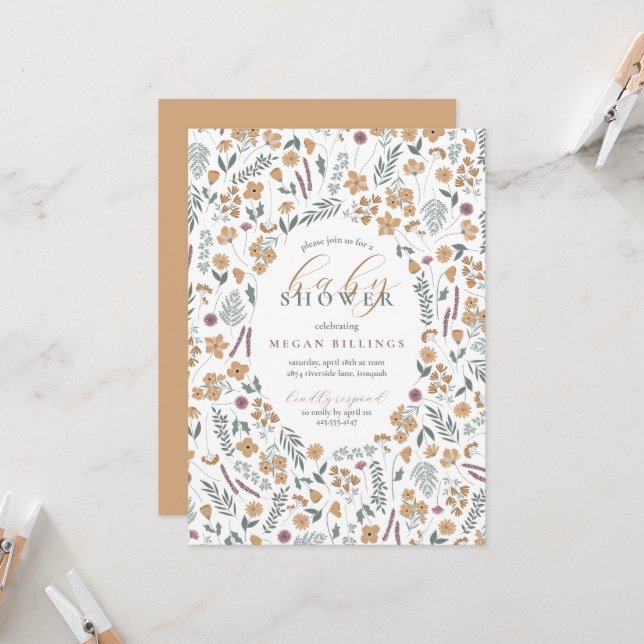 wildflower baby shower invitation - light orange (Devant/Arrière en situation)