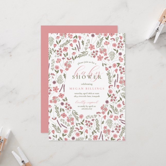 wildflower baby shower invitation - pink (Devant/Arrière en situation)