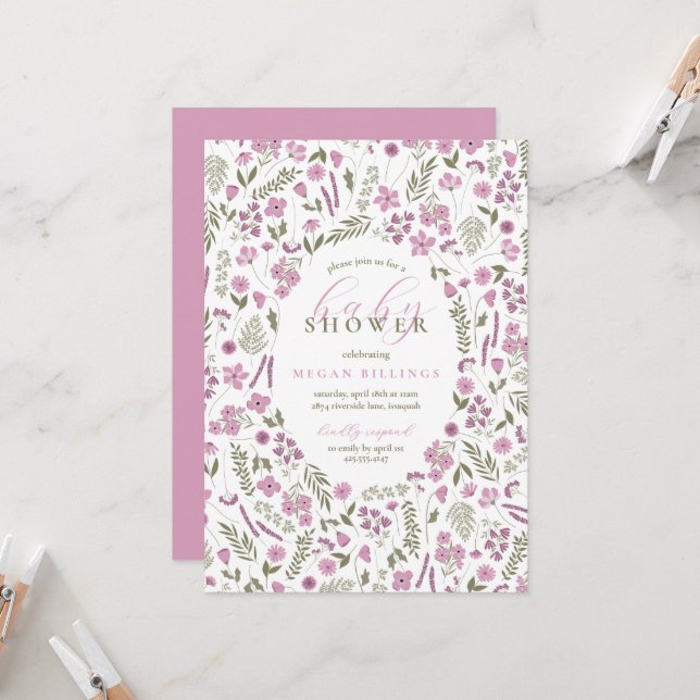 wildflower baby shower invitation - purple (Devant/Arrière en situation)