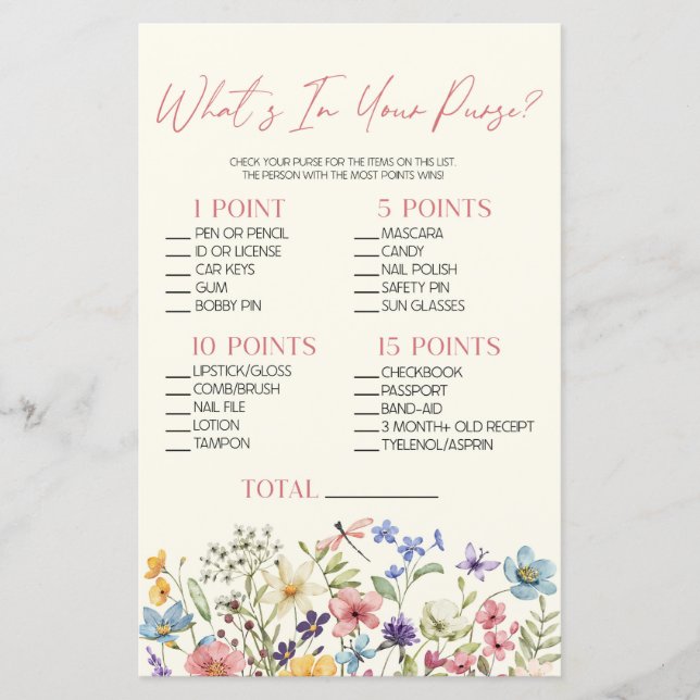 Wildflower Floral What's In Purse Baby Shower Game (Devant)