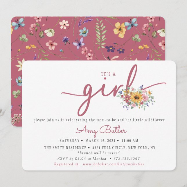 Wildflower & Rose Baby Shower Invitation (Devant / Derrière)