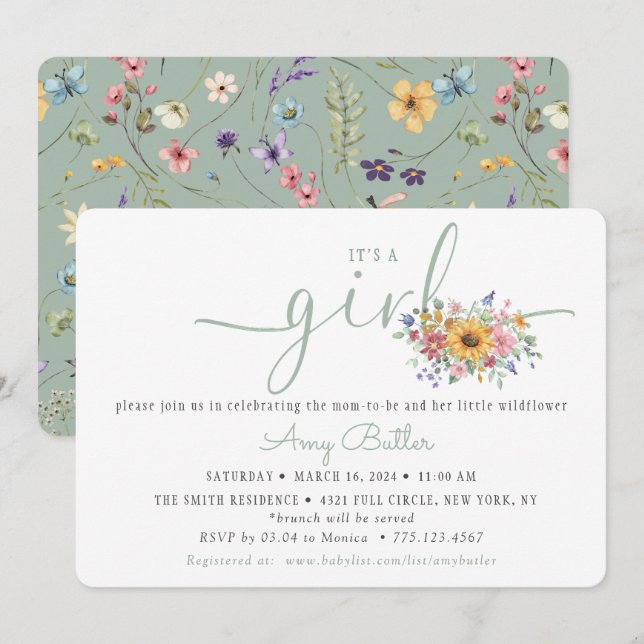 Wildflower Solid Green Shower Book Invitation (Devant / Derrière)