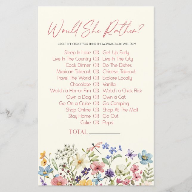 Wildflower Would She Rather Baby Shower Game (Devant)