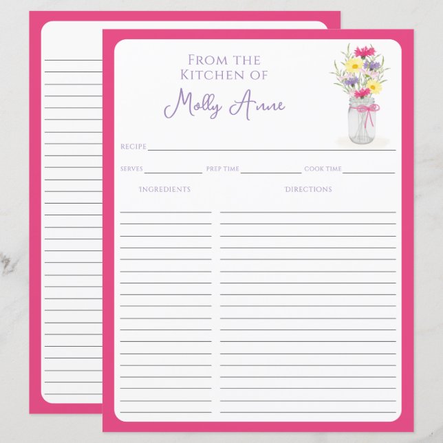 Wildflowers Mason Jar Pink Country Recipe Sheets (Devant / Derrière)