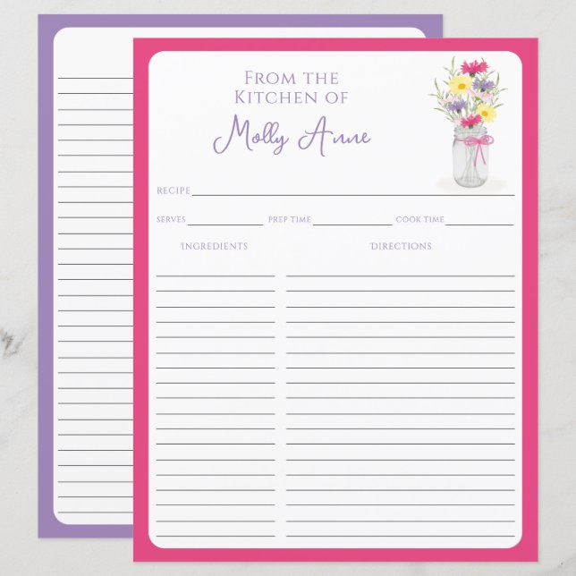 Wildflowers Mason Jar Pink & Purple Recipe Sheets (Devant / Derrière)