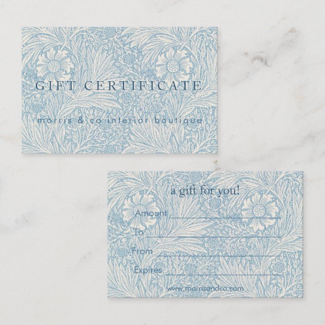 William Morris - Bleu Marigold certificat cadeau (Devant / Derrière)