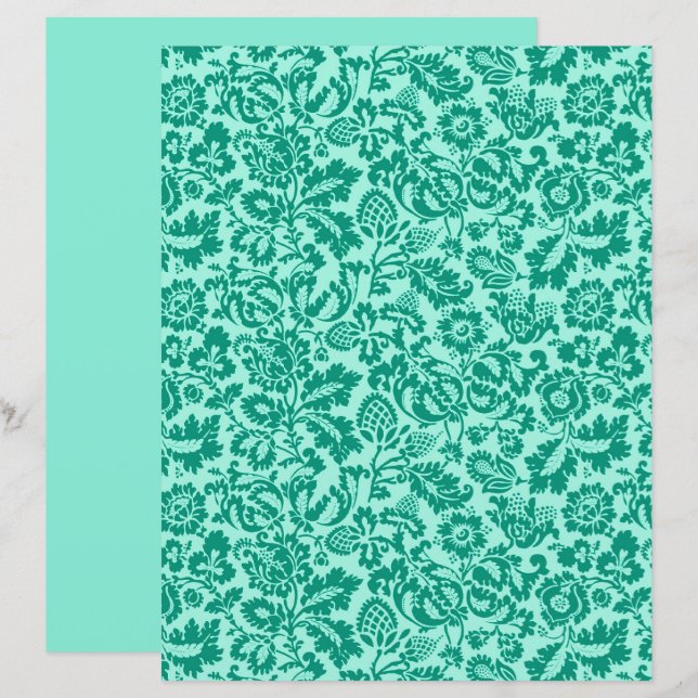 William Morris Floral Damask, Turquoise et Aqua (Devant / Derrière)