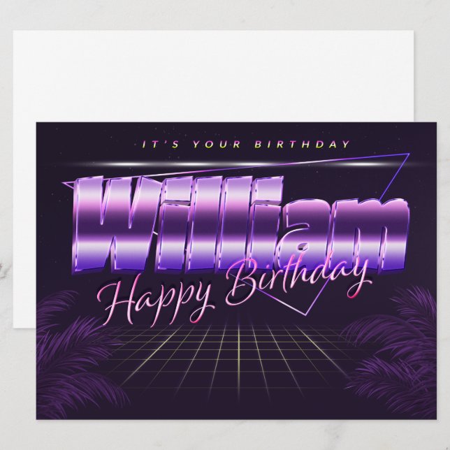 William Nom Prénom carte rétro lilas Anniversaire (Devant / Derrière)