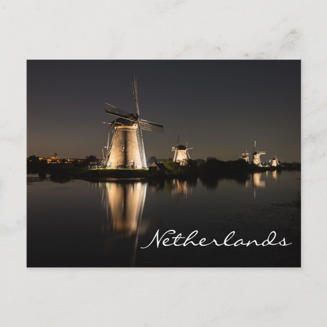 Windmill illuminé la nuit Pays-Bas carte postale (Devant)