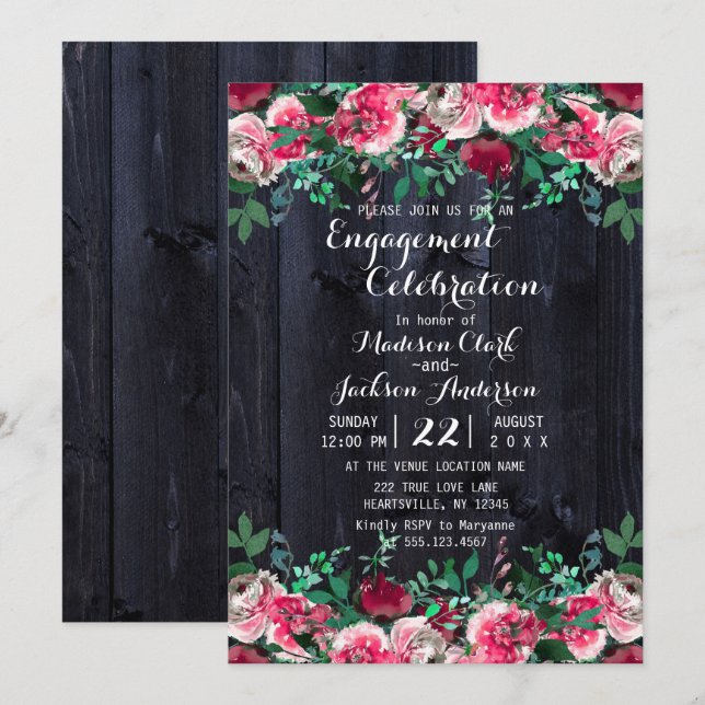 Wine Blush & Navy Wood Engagement Party Invitation (Devant / Derrière)