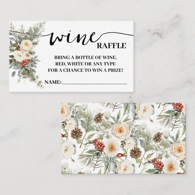 Wine Raffle Ticket Shower Card White Winter Floral (Devant / Derrière)
