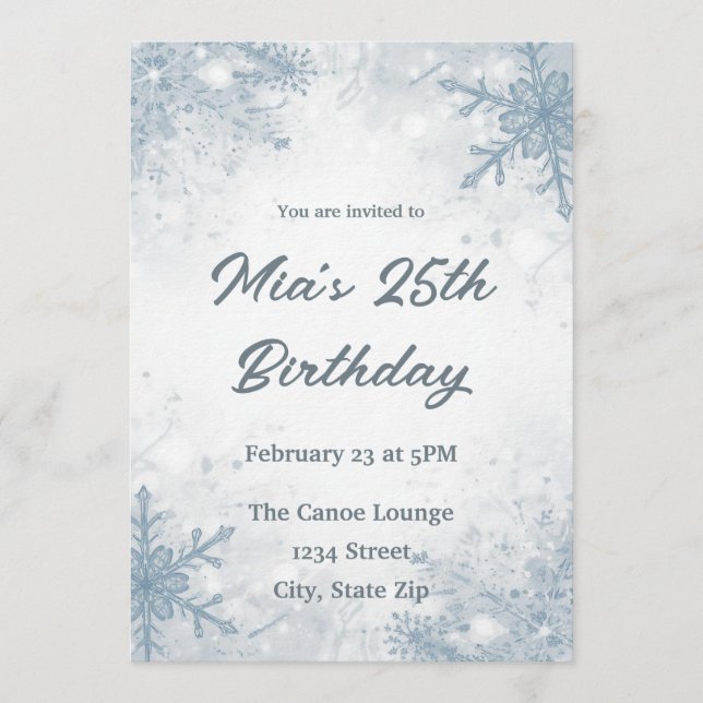 Winter 25th Birthday Invitation – Snowflakes (Devant)