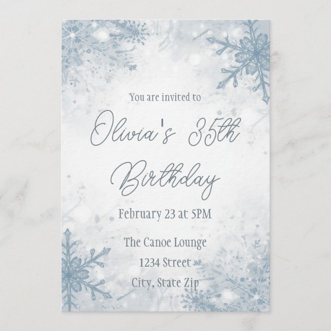 Winter 35th Birthday Invitation – Cool Gray Snow (Devant)
