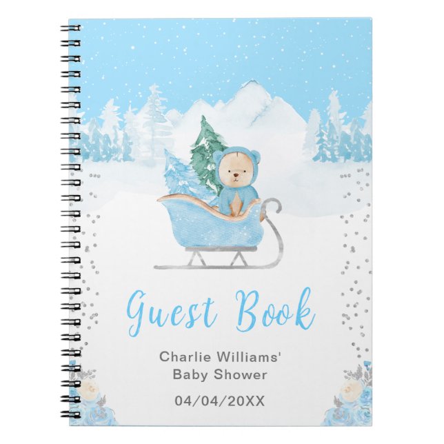 Winter Bear Blue Sleigh Baby shower livre d'hôtes (Devant)