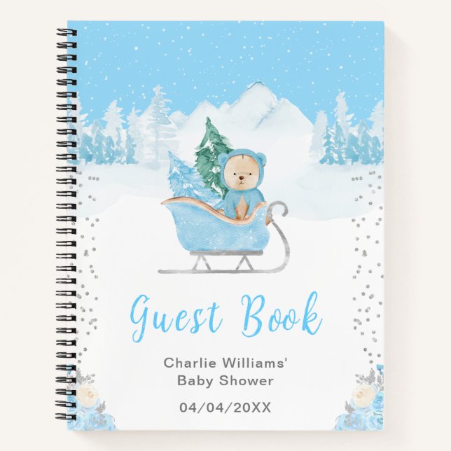 Winter Bear Blue Sleigh Baby shower livre d'hôtes (Devant)