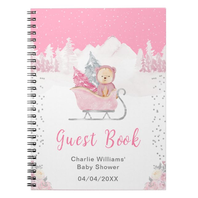 Winter Bear Pink Sleigh Baby shower livre d'hôtes (Devant)
