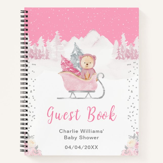 Winter Bear Pink Sleigh Baby shower livre d'hôtes (Devant)