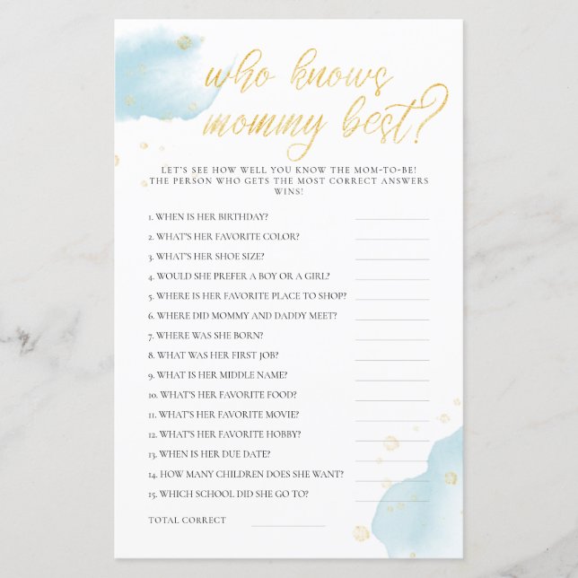 Winter Blue Baby shower Jeu Qui Connaît Maman Meil (Devant)