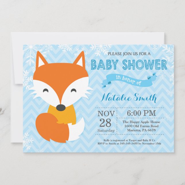 Winter Blue Fox Boy Baby shower Invitation (Devant)