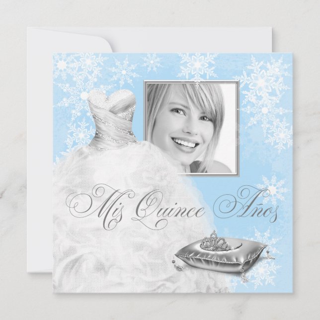 Winter Blue Snowflake Photo Quinceanera Invitation (Devant)