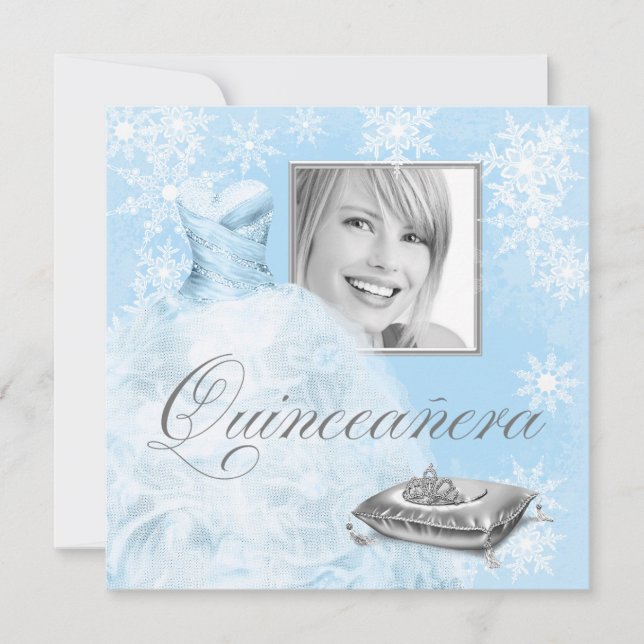 Winter Blue Snowflake Photo Quinceanera Invitation (Devant)