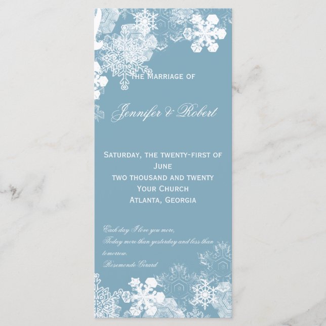Winter Blue White Snowflakes Programme de mariage (Devant)