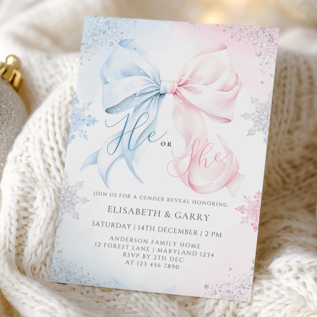 Winter Bows Snowflakes Gender Reveal Invitation (Créateur téléchargé)
