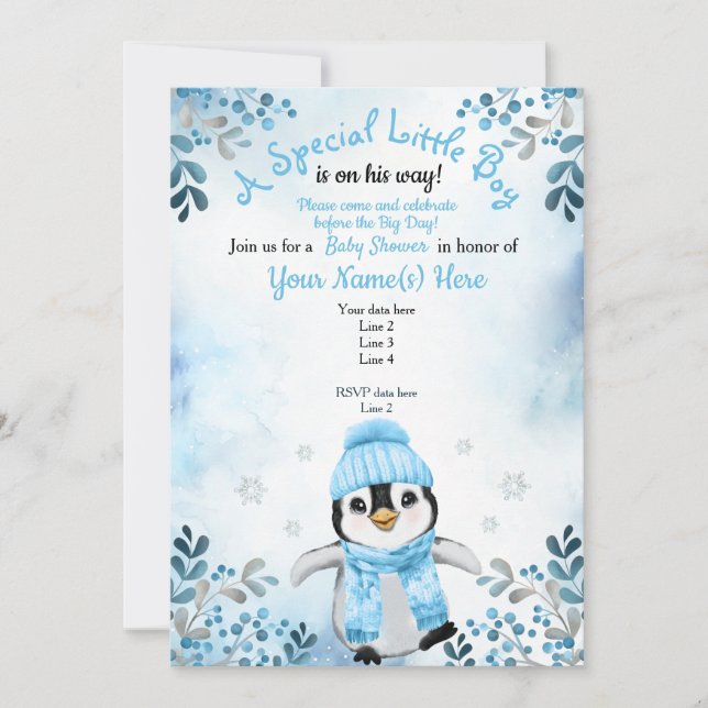 Winter Boy Penguin Douche invitation Blue Snow (Devant)