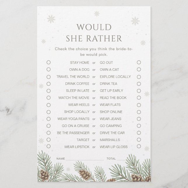 Winter Bridal Shower Would She Rather Game (Devant)