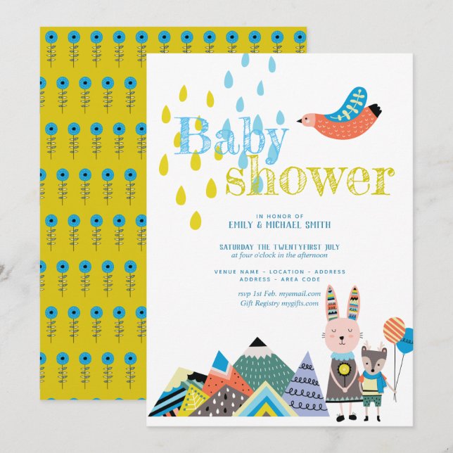 Winter Folk Art Baby showers Invitations scandinav (Devant / Derrière)