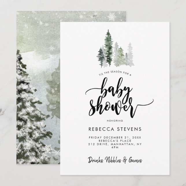 winter forest rustic baby shower invitation (Devant / Derrière)