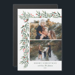 Winter Greenery 2 Photo Christmas Carte magnétique<br><div class="desc">Cette élégante Carte magnétique Winter Greenery White 2 Photo Christmas Holiday est entièrement personnalisable. Vous voulez customiser encore plus ? Cliquez sur "Modifier en utilisant l'outil de conception". Cette conception fait partie d'une collection. OEuvre d'aquarelle originale peinte à la main par le designer Stacey Meacham.</div>