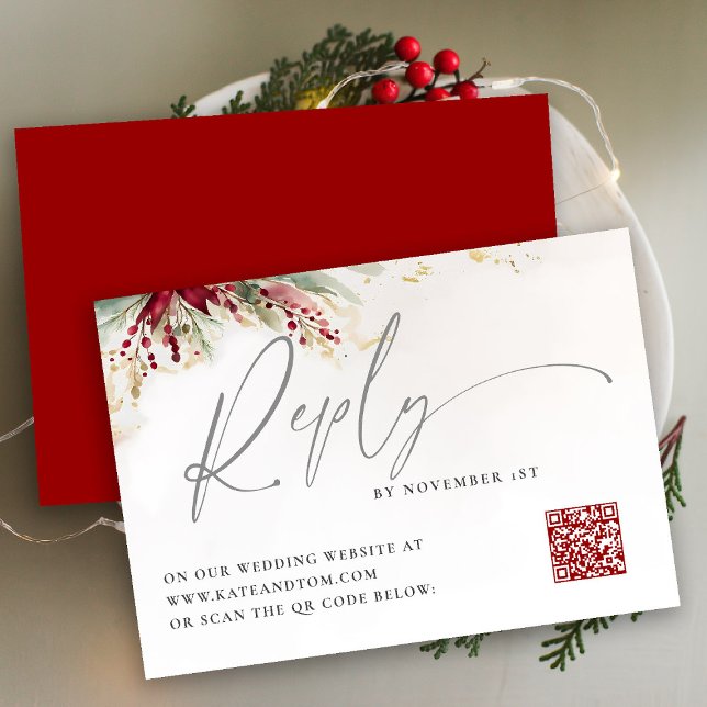 Winter Greenery Christmas Red Green QR Répondre Ca (winter wedding christmas bow greenery berries watercolor rsvp card meal elegant modern qr code)