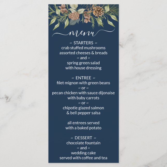 Winter Navy Blue Elegant Script Mariage Menu (Devant)
