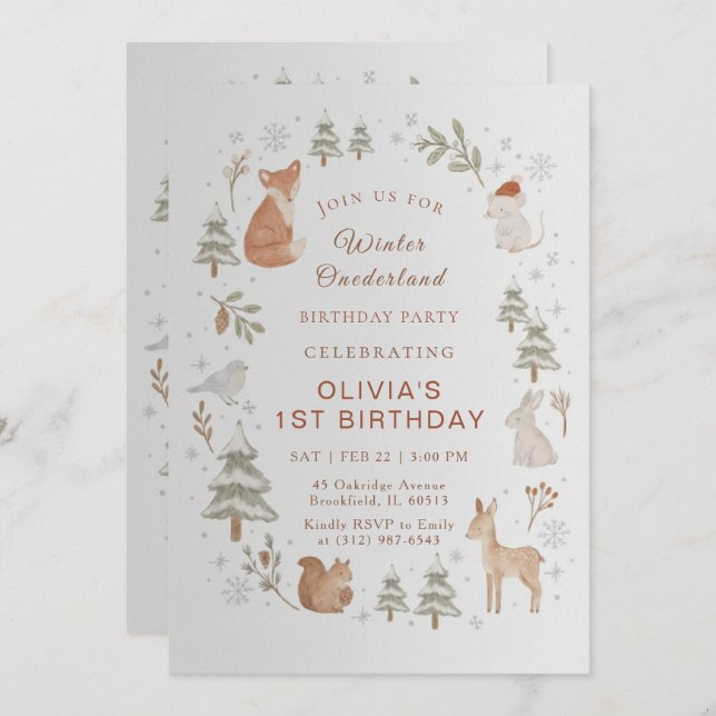 Winter ONEderland 1st Birthday Invitation Editable (Devant / Derrière)