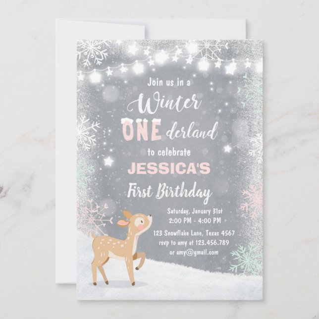 Winter Onederland anniversaire invitation Mint ros (Devant)