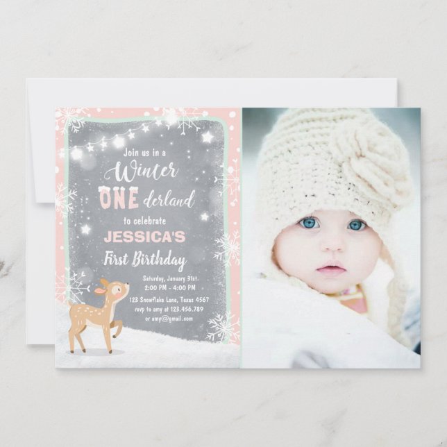 Winter Onederland anniversaire invitation Mint ros (Devant)