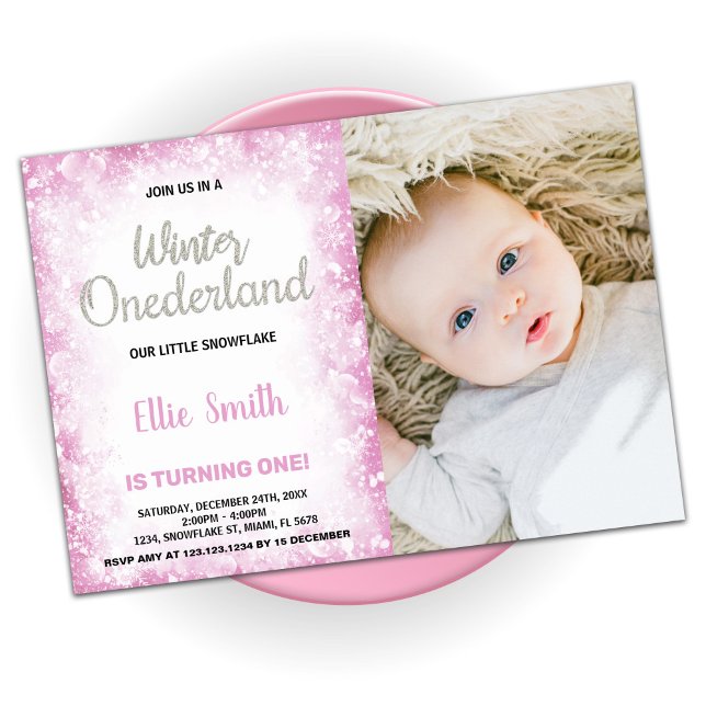 Winter Onederland Anniversaire Invitations Pink Ph (Winter Onederland Birthday Invitations Pink Photo)