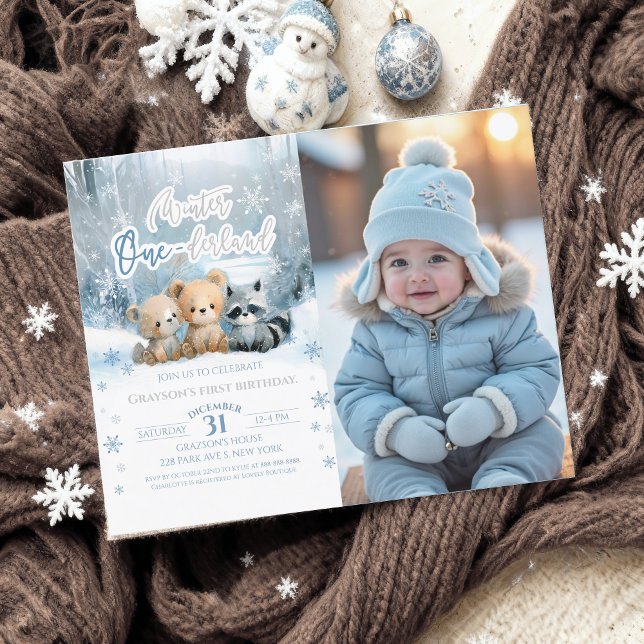 Winter Onederland Blue First Bday Photo Invitation (Créateur téléchargé)