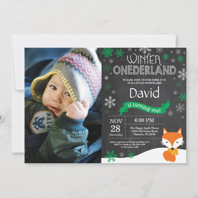 Winter Onederland Fox 1er Anniversaire Invitation (Devant)