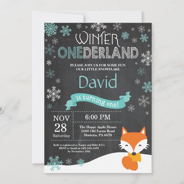 Winter Onederland Fox 1er Anniversaire Invitation (Devant)