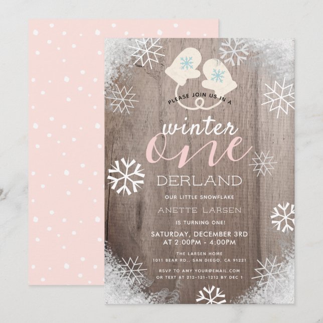 Winter Onederland Girl's 1st Birthday Invitation (Devant / Derrière)