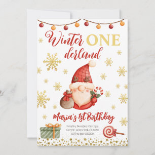 Winter Onederland Gold Gnome Invitation Anniversai