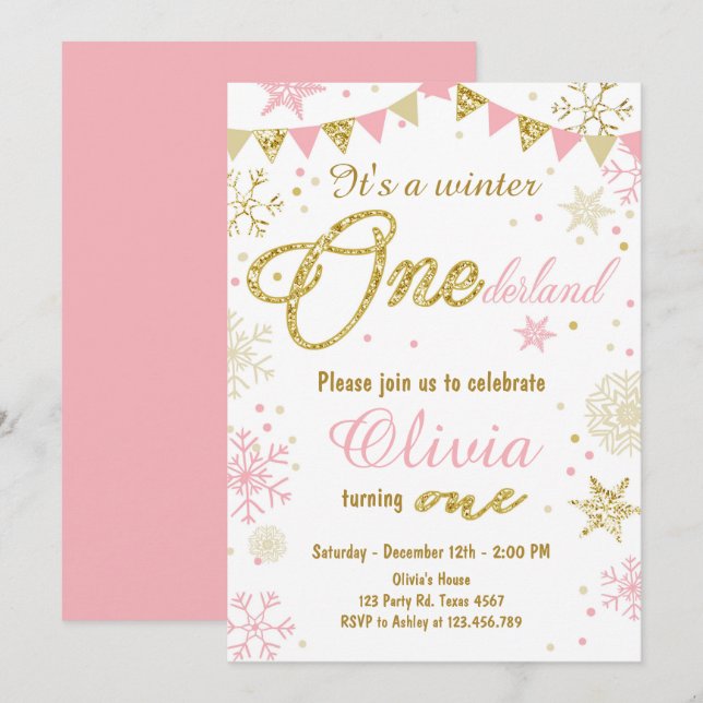 Winter Onederland invitation anniversaire Pink Gol (Devant / Derrière)