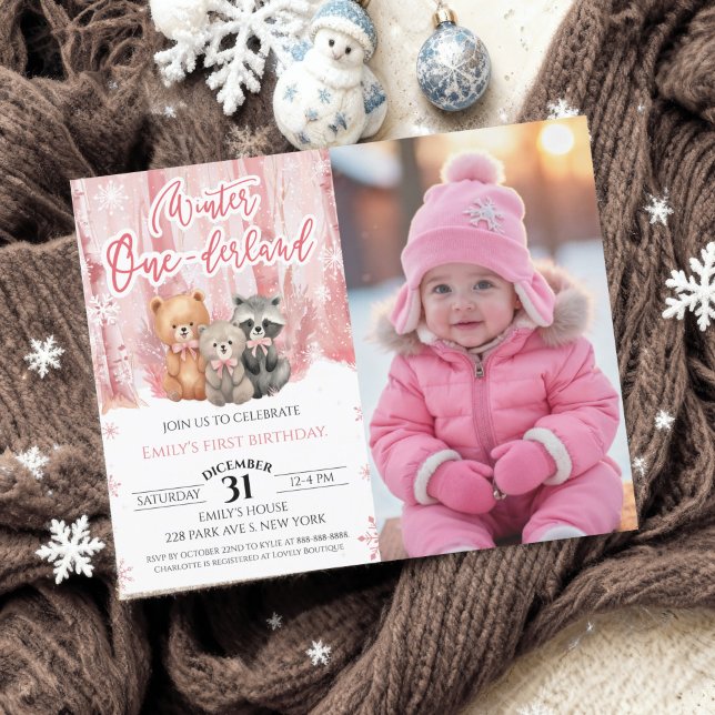 Winter Onederland Pink First Bday Photo Invitation (Créateur téléchargé)
